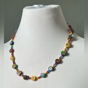 Imagine 925 Colorful Polymer Clay Beaded Necklace Faces Fish Candy Fun Kidcore